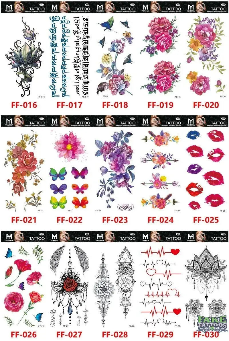 15Pcs Temporary Tattoos 3D Black Branch Rose Peony Flowers - Image 4