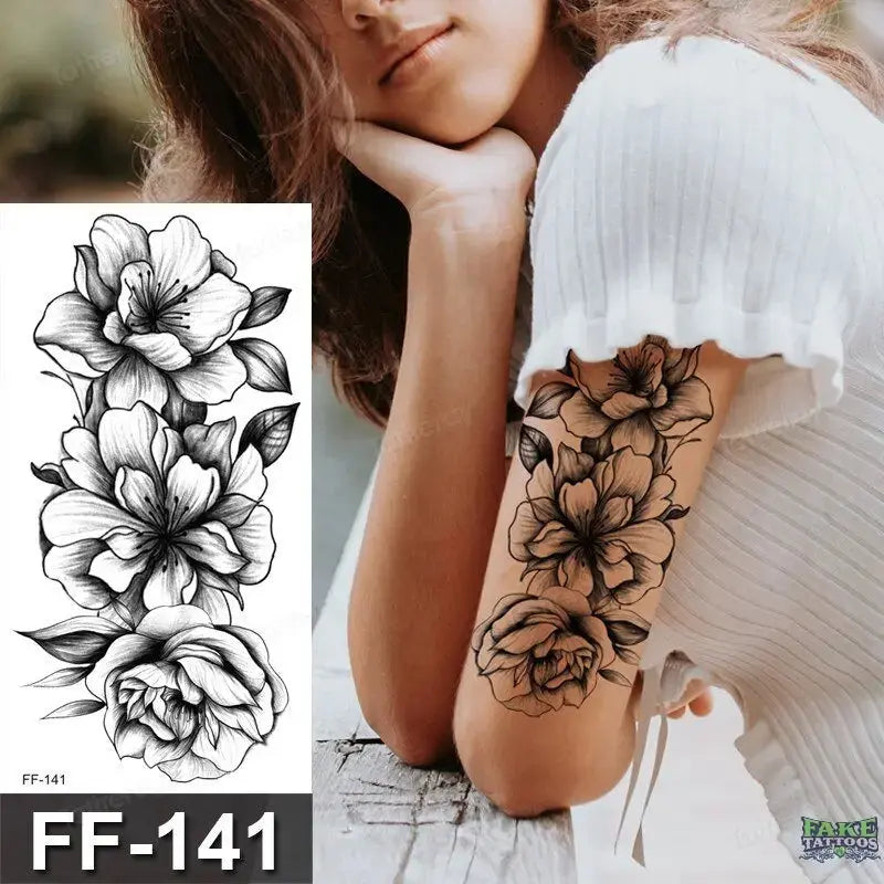 15Pcs Temporary Tattoos 3D Black Branch Rose Peony Flowers - Image 16