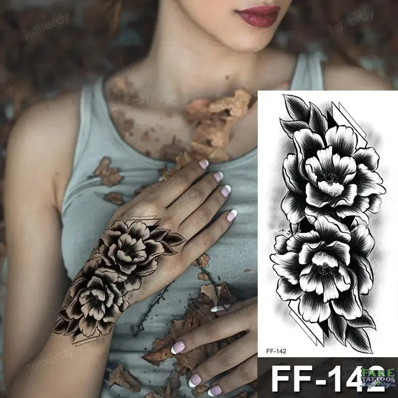 15Pcs Temporary Tattoos 3D Black Branch Rose Peony Flowers - Image 17
