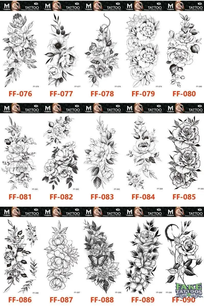 15Pcs Temporary Tattoos 3D Black Branch Rose Peony Flowers - Image 19