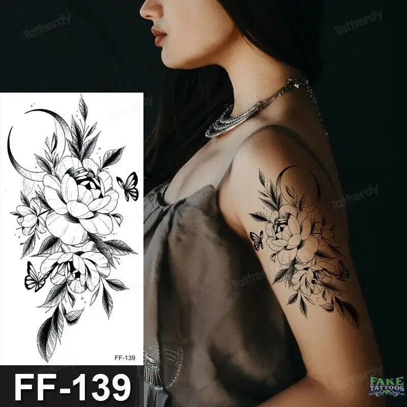 15Pcs Temporary Tattoos 3D Black Branch Rose Peony Flowers - Image 20