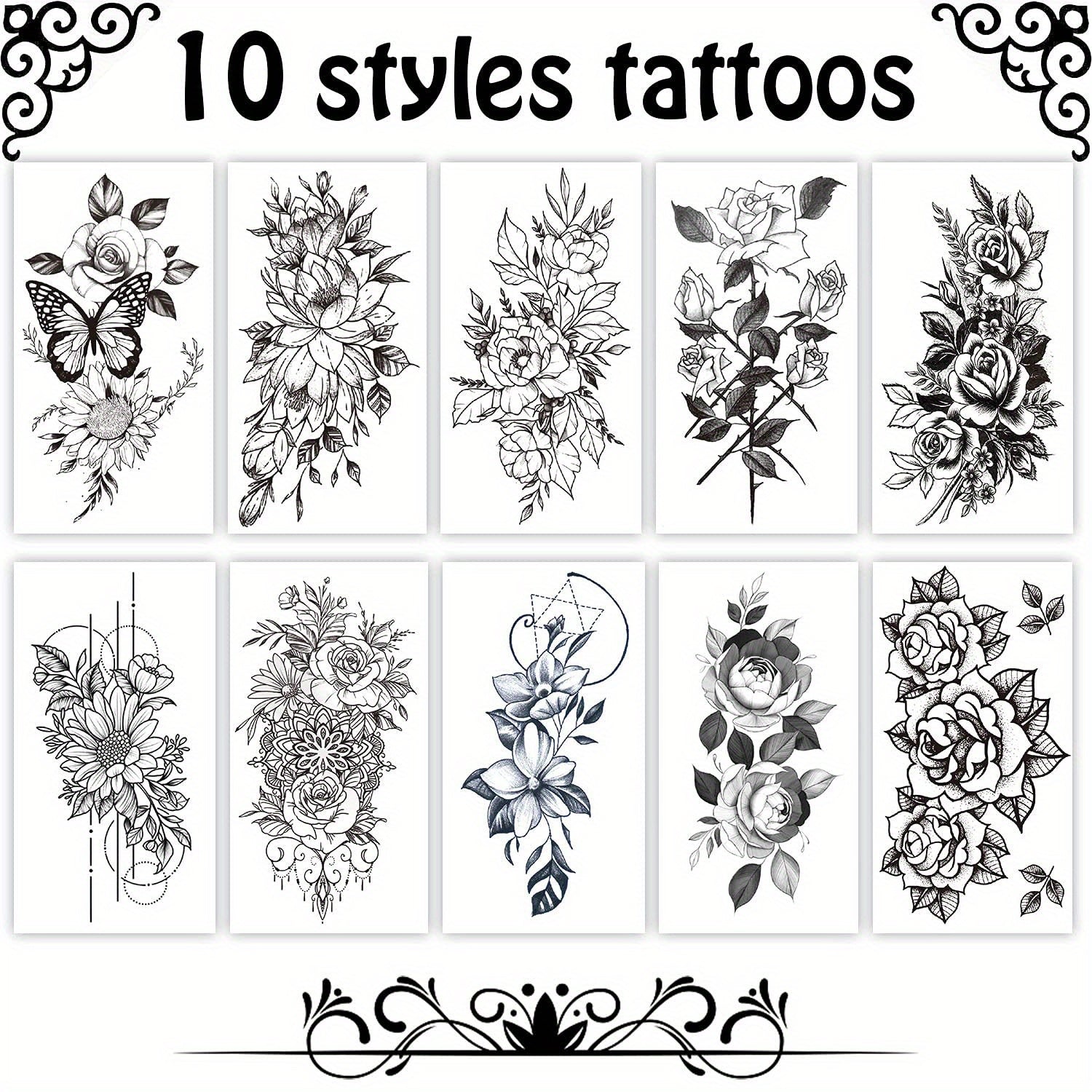 Flower Temporary Tattoos for Women 10-Pack