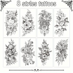 Floral Temporary Tattoos - 8 Sheets Waterproof Half Arm Sleeve Tattoos