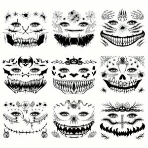 Black Skull Skeleton Face Temporary Tattoos - 9 Sheets Waterproof Halloween Stickers