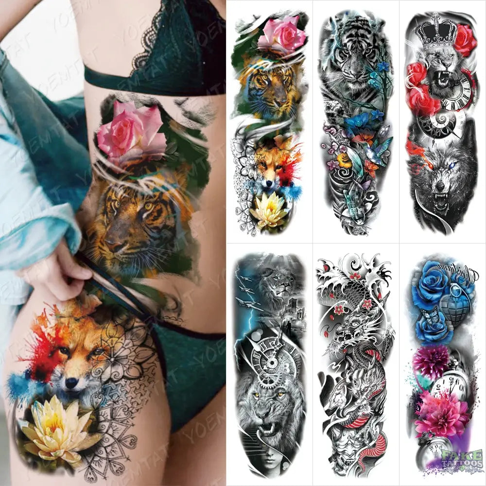6pcs Color Tiger Wolf Large Arm Sleeve Tattoo Prajna Dragon Waterproof Temporary Tattoo Sticker Body Art Fake Tatoo Men Women - Image 4