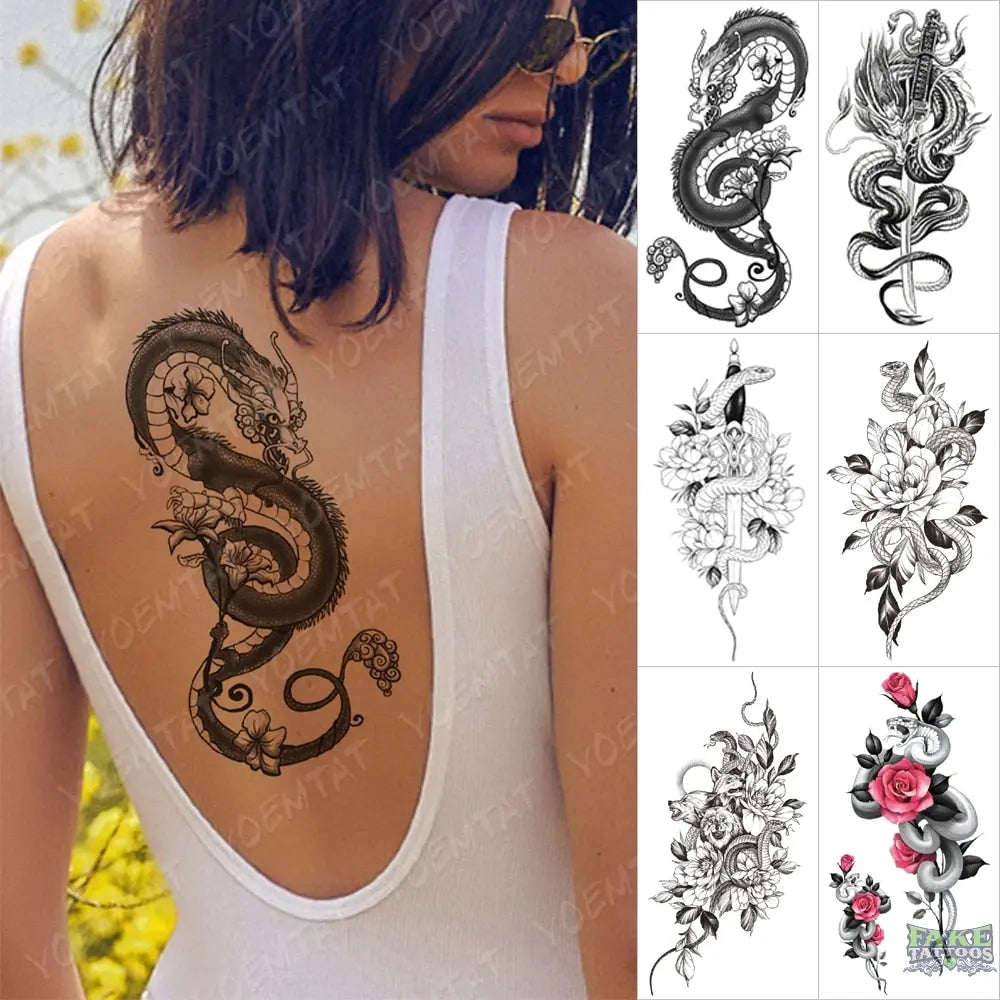 6pcs Dragon Waterproof Temporary Tattoo Sticker Tattoos Snake Flower Realistic Body Art Arm Animal Totems Fake Tatoo Men Women - Image 2