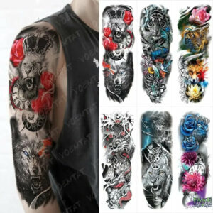 6pcs Large Arm Sleeve Tattoo Color Tiger Wolf Dragon Rose Waterproof Temporary Tattoo Sticker Body Art Fake Tattoo Men Women