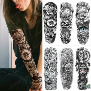 6pcs Large Arm Sleeve Tattoos Eyes Tribe Lion Waterproof Temporary Tattoo Sticker Black Clock Rose Body Art Fake Tatoo Men Women