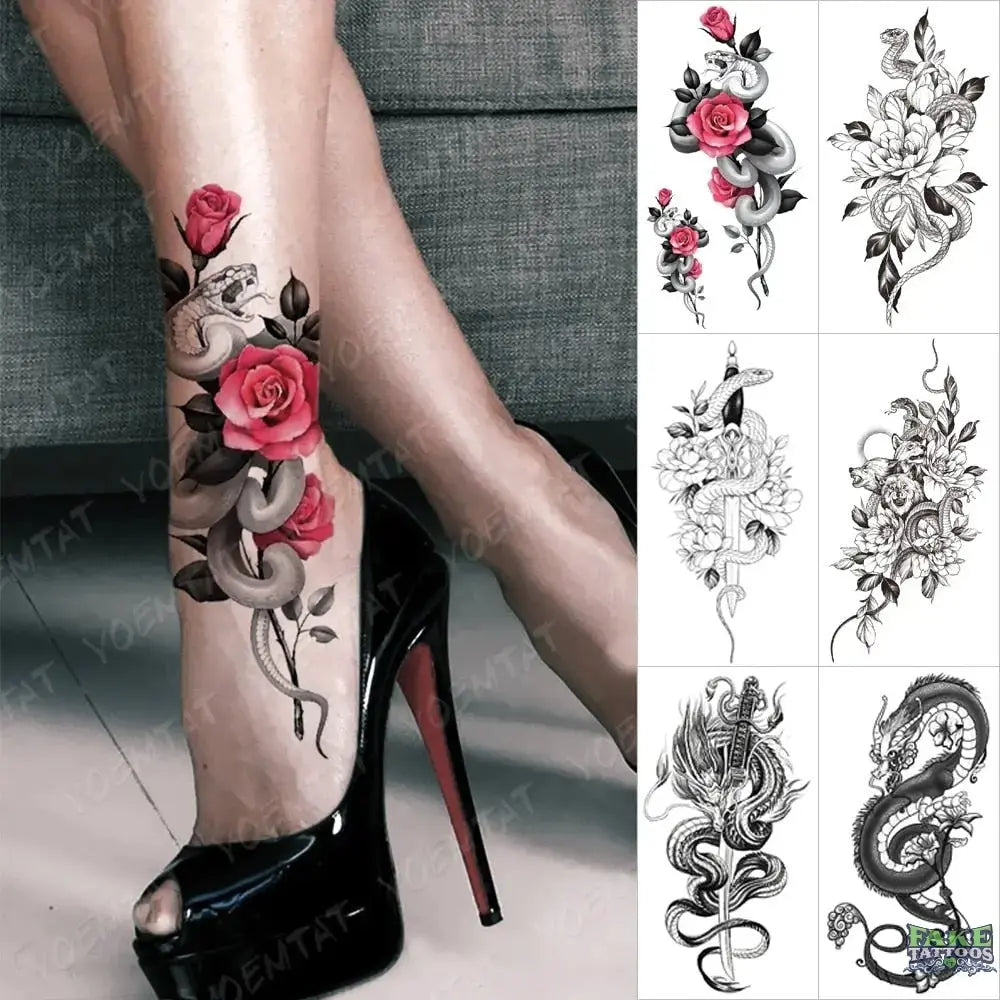 6pcs Sexy Flowers Body Art Arm Totem Lion Wolf Tiger Waterproof Temporary Tattoo Sticker Animal Tattoos Fake Tattoo Men Women