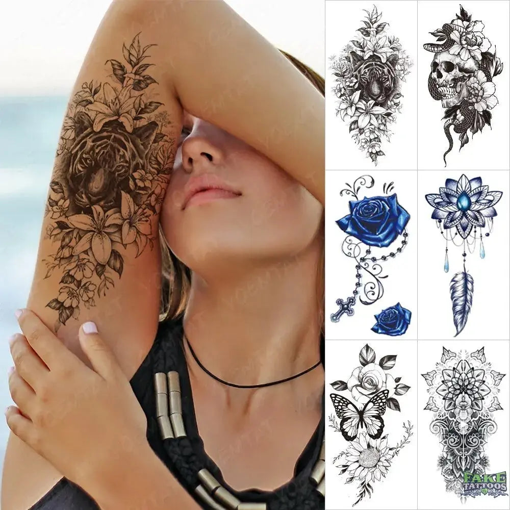 6pcs Sexy Flowers Body Art Arm Totem Lion Wolf Tiger Waterproof Temporary Tattoo Sticker Animal Tattoos Fake Tattoo Men Women - Image 3