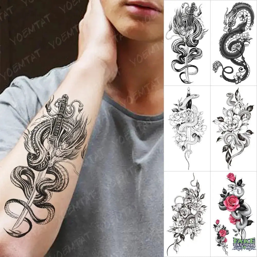 6pcs Sketch Rose Wolf Sexy Dragon FlowerWaterproof Temporary Tattoo Sticker Tattoos realistic Body Art Arm Fake Tattoo Men Women - Image 3
