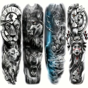 Tribal Lion Wolf Temporary Tattoo Sleeve - 4 Sheets Full Arm Tattoos