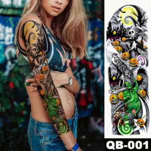 48X17cm Temporary Tattoo Sticker Skull Pumpkin halloween Tattoo with Arm Body Art Big Sleeve Large Fake Tattoo Sticker