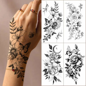 Black Flower Temporary Tattoos for Women Waterproof Realistic Floral Tattoo Stickers for Hand Arm Body Disposable Fake Tattoo