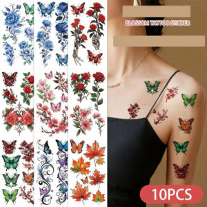 10Pcs/set Colorful Flowers Temporary Tattoo Sticker Waterproof Rose Maple Leaf Art Tattoo Sticker Decoration Party Gift