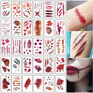 30pcs/lot halloween face tattoo sticker zombie scars tattoos with fake scab blood temporary tattoos stars transfer tatoo sets