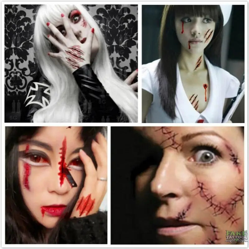 30pcs/lot halloween face tattoo sticker zombie scars tattoos with fake scab blood temporary tattoos stars transfer tatoo sets - Image 11